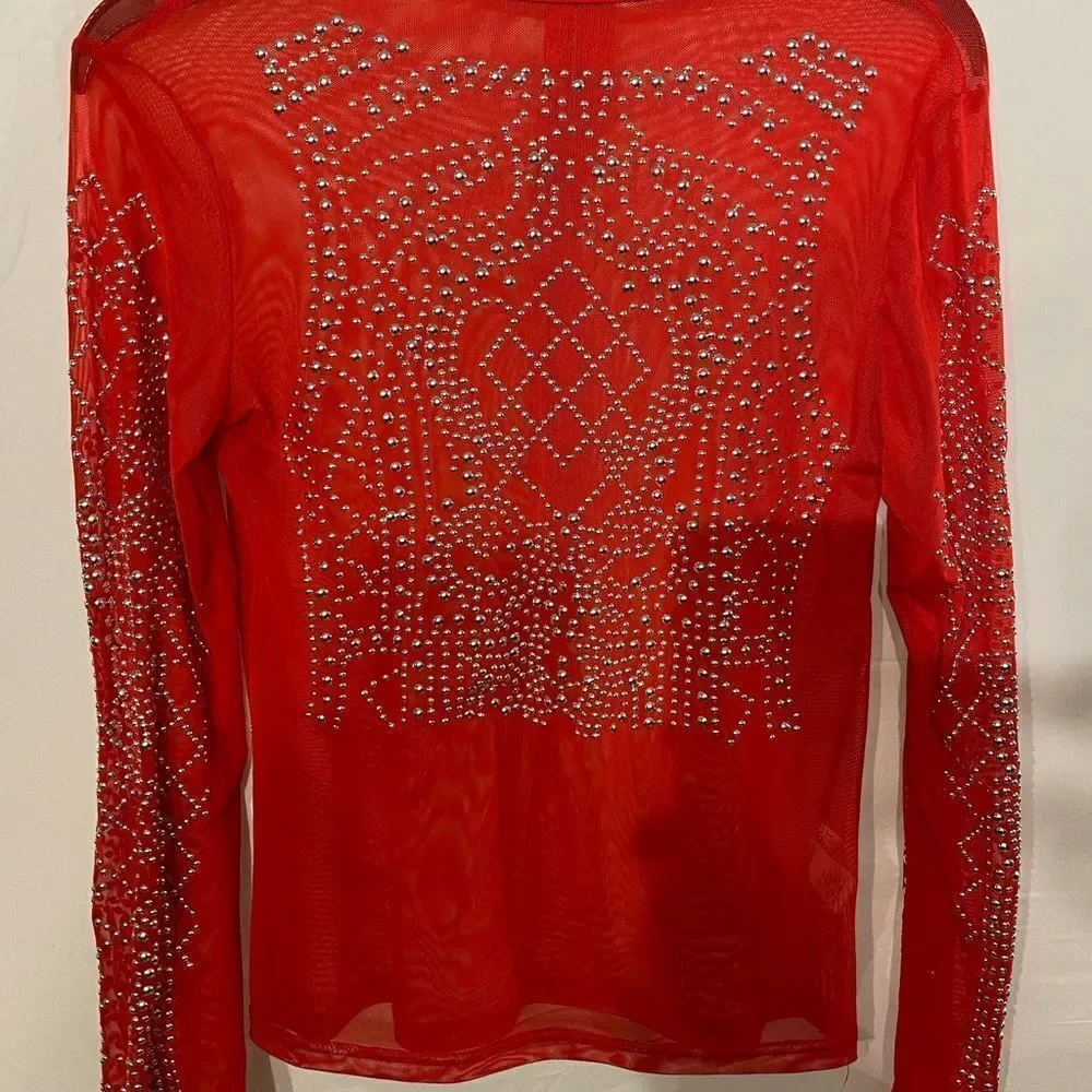 Women's Sheer Studded Red Blouse